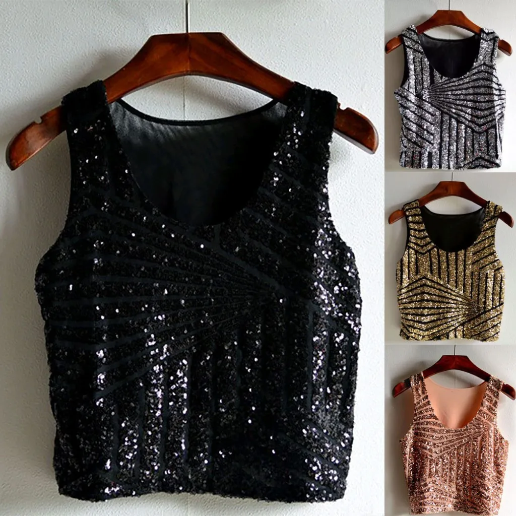 Женские сексуальные топы с блестками модные круглым вырезом без рукавов