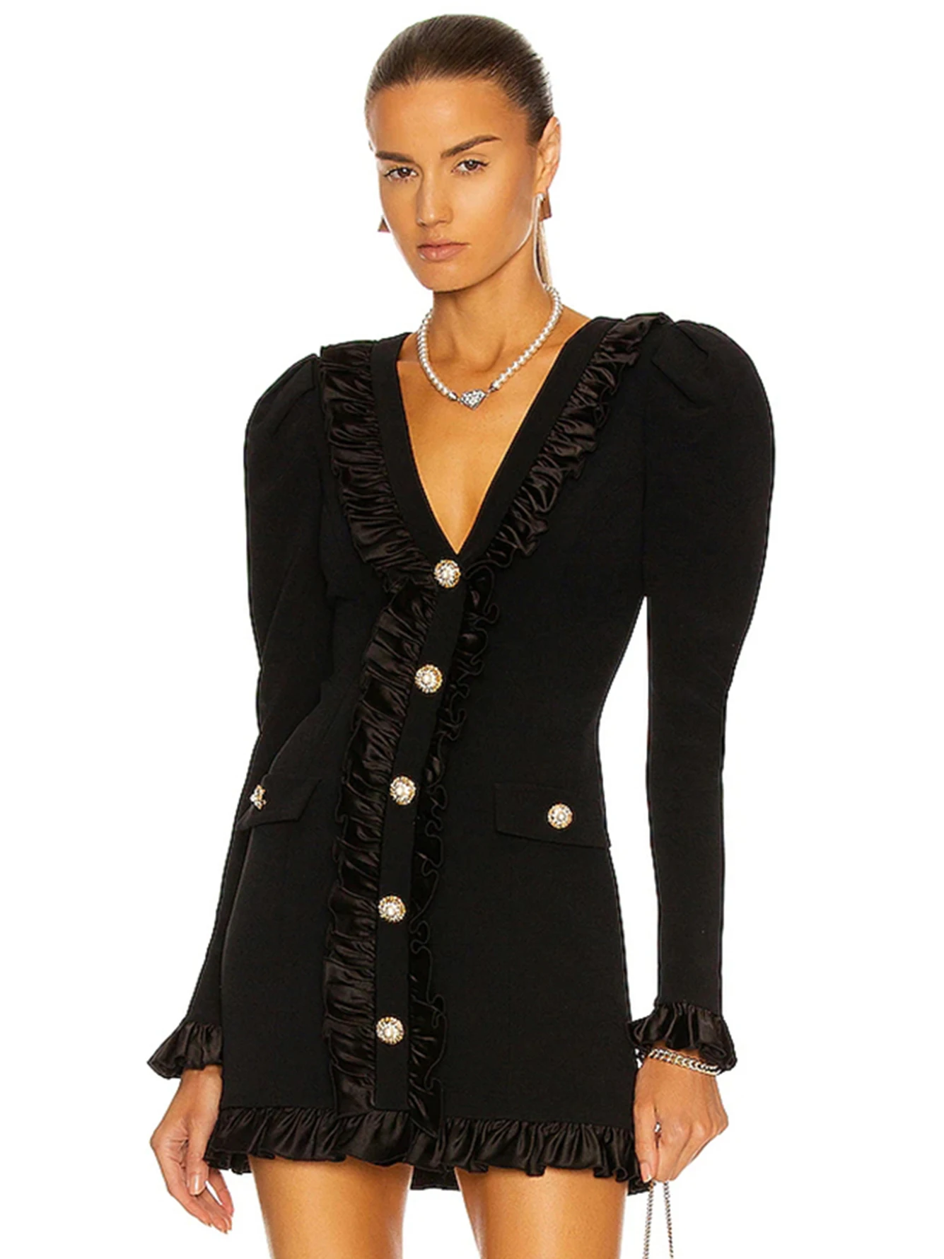 

Adyce 2022 New Winter Long Sleeve Bandage Dress For Women Sexy V Neck Black Ruffles Mini Evening Club Wear Celebrity Party Dress