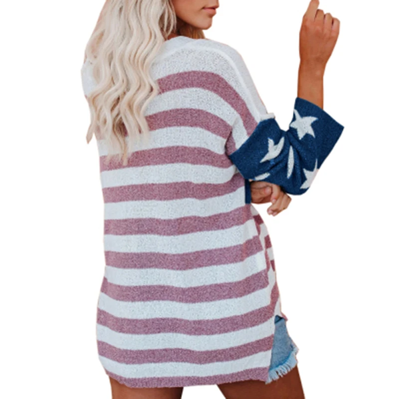 

Chic Autumn Winter O-neck Knitted National Flag Print Patchwork Sweater New Fashion Loose Casual Women Knitted Pullover Sweater