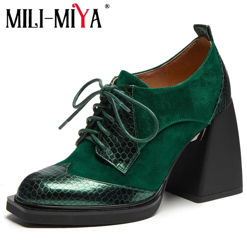 

Женские классические туфли на шнуровке MILI-MIYA, весенние модные туфли с квадратным носком на блочном высоком каблуке пэчворк, размер 34-41, в британском стиле
