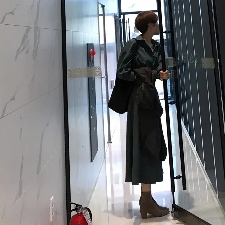SuperAen корейский стиль женское длинное платье однотонный лацкан Хлопок Дамское Платье Осень новинка Повседневная модная женская одежда