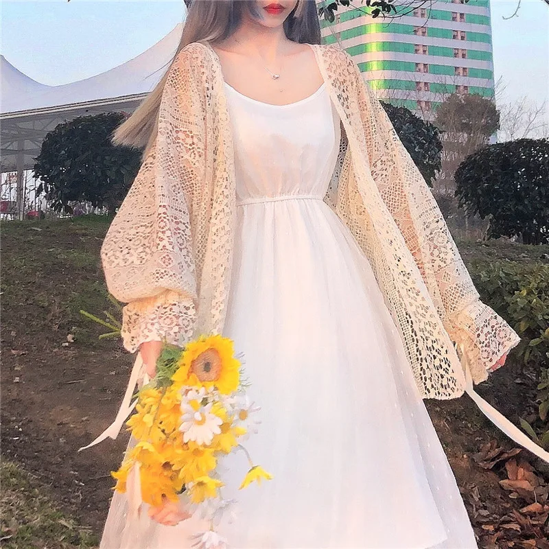 

New Summer Fairy Sunscreen Lace Shirt Women Sweet Bow Lantern Sleeve Lolita Shirts Female Elegant Knit Open Stitch Blouses Tops