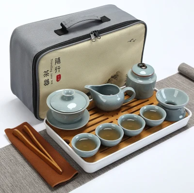 Качественный дорожный чайный набор кунг-фу чайник чашки gaiwan infuser chahai портативная коробка cozies деревянный бамбуковый поднос китайский чайный церемониальный набор - Цвет: SET 22