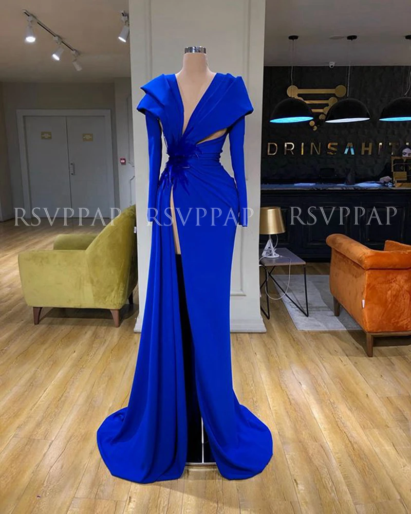 Новые вечерние платья 2022 года в стиле арабского с широким вырезом, рукавами и королевской синей отделкой для женщин.