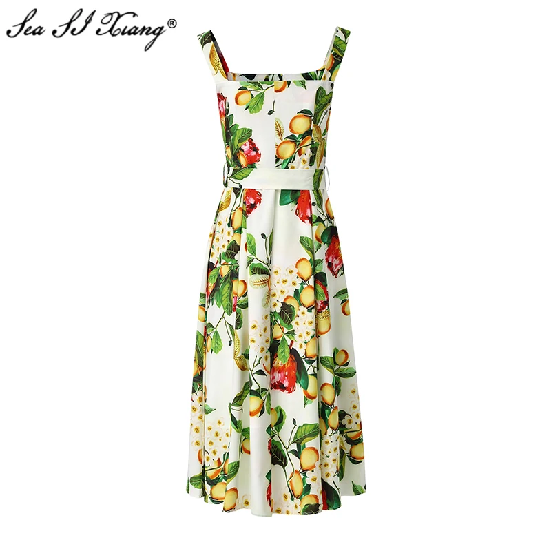 

Женское дизайнерское однобортное платье Seasixiang, летнее платье на бретельках-спагетти с цветочным принтом и шнуровкой для отпуска