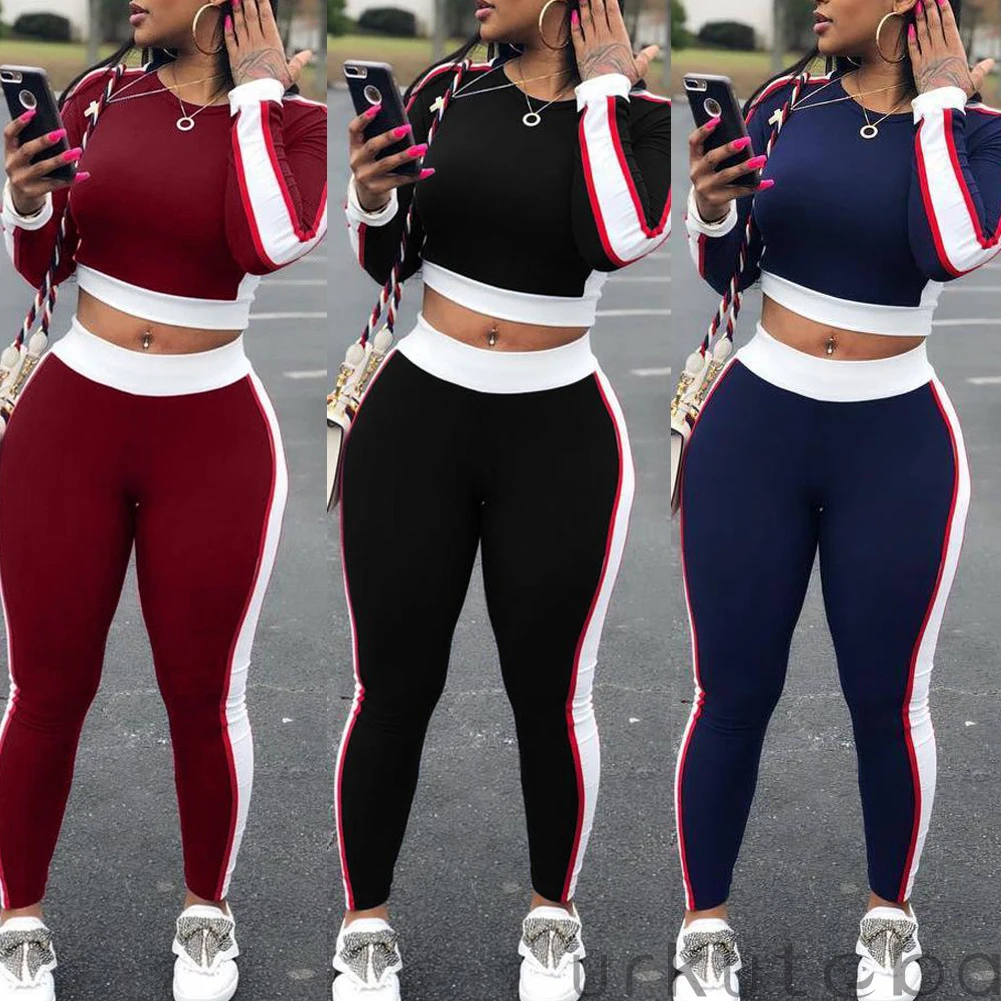 

Imcute Casual Women Sports Set Long Sleeve Crop Top Pants Outfit Workout Gym Fitness Athletic Workout Clothes 2pcs Tracksuit