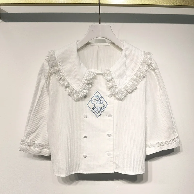 

Elegant Shirt for Girls 2021 Spring New Ruffled Embroidered Doll Collar Double Breasted Design Half Sleeve Blouses Women Tops