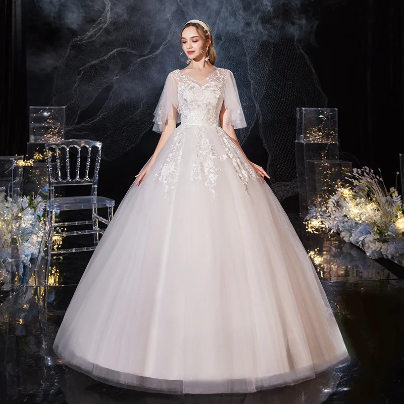 

New Embroidery V-Neck Wedding Dress Lace Up Floor-Length Ruched Half Sleeves Luxurious Plus Size Wedding Gowns For Women G126