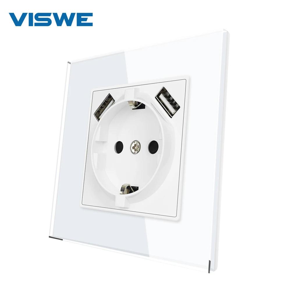 

VISWE EU Standard Socket with usb 5v 2a White Crystal Tempered Glass Panel 86*86mm 16A Usb wall plug for eu Round Box