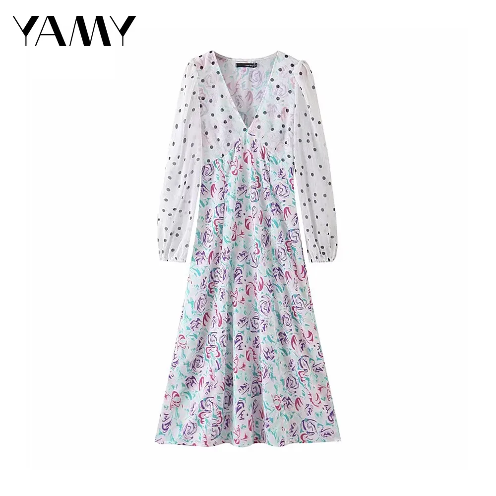 Женское белое платье в горошек с длинным рукавом и цветочным принтом | Женская