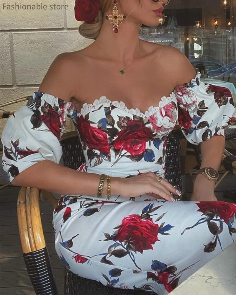 Женское винтажное вечернее платье миди облегающее с цветочным принтом вырезом