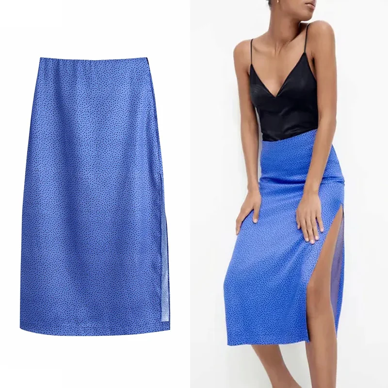 

Traf Za Blue Midi Skirt High-waisted Skirt With Side Slit Gothic Long Skirts Womens 2021 Sexy Aesthetic Elegant Skirts For Women