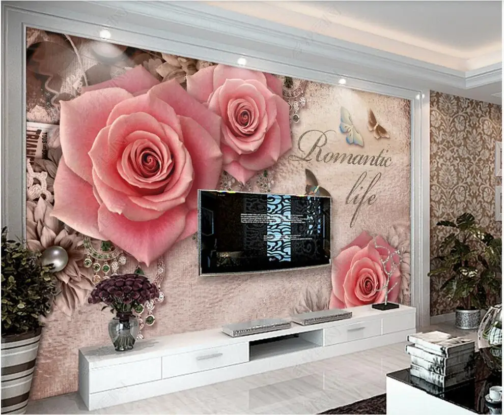 

custom mural Photo wallpaper Vintage rose flower butterfly jewelry in the living room home decor 3d wallpaper for walls in rolls