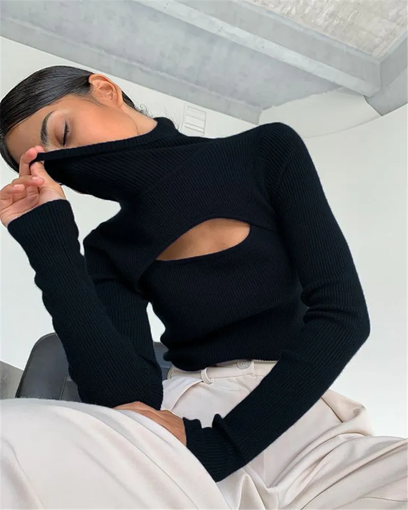 

Cybill Ribber Knitted Turtleneck Top Women Hollow Out Casual Long Sleeve T Shirt Skinny Autumn Winter Slim Tee Lady Clothing