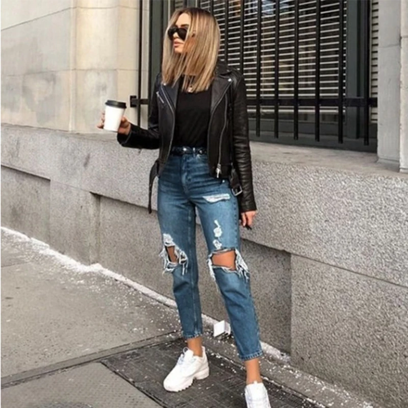 

2021 Fashion Ripped Jeans Women Slim High Waist Jeans Cotton springtime Summer Casual Streetwear Denim Pencil Long Pants Skinny