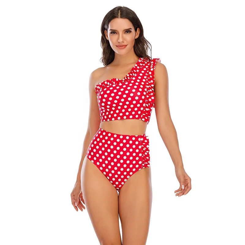 

Sexy Bikinis Women One Shoulder Swimwear High Waist Swimsuit Red Dot Bathing Suits Ruffle Beach Wear Biquini Brazilian Biquini