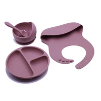 4pcs bpa free baby silicone tableware waterproof bib solid color dinner plate sucker bowl spoon for children