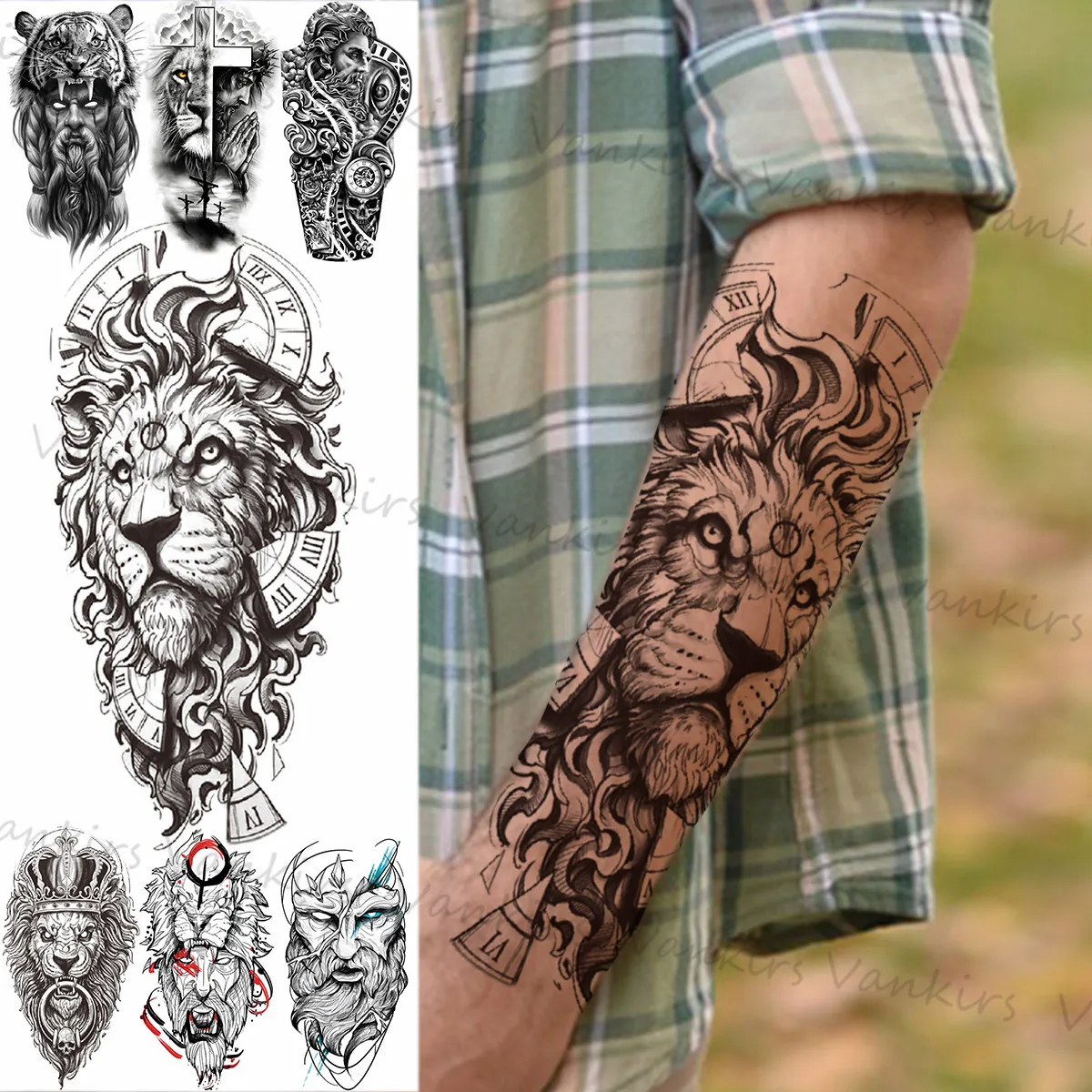 

Этнические черные военные временные татуировки в виде льва для мужчин, реалистичные тигровые горы, Ганеша, искусственные татуировки для но...