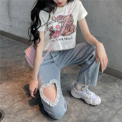 All-match fashion kawaii denim blue loose wide-leg women's jeans high waist heart chain summer thin casual cute casual