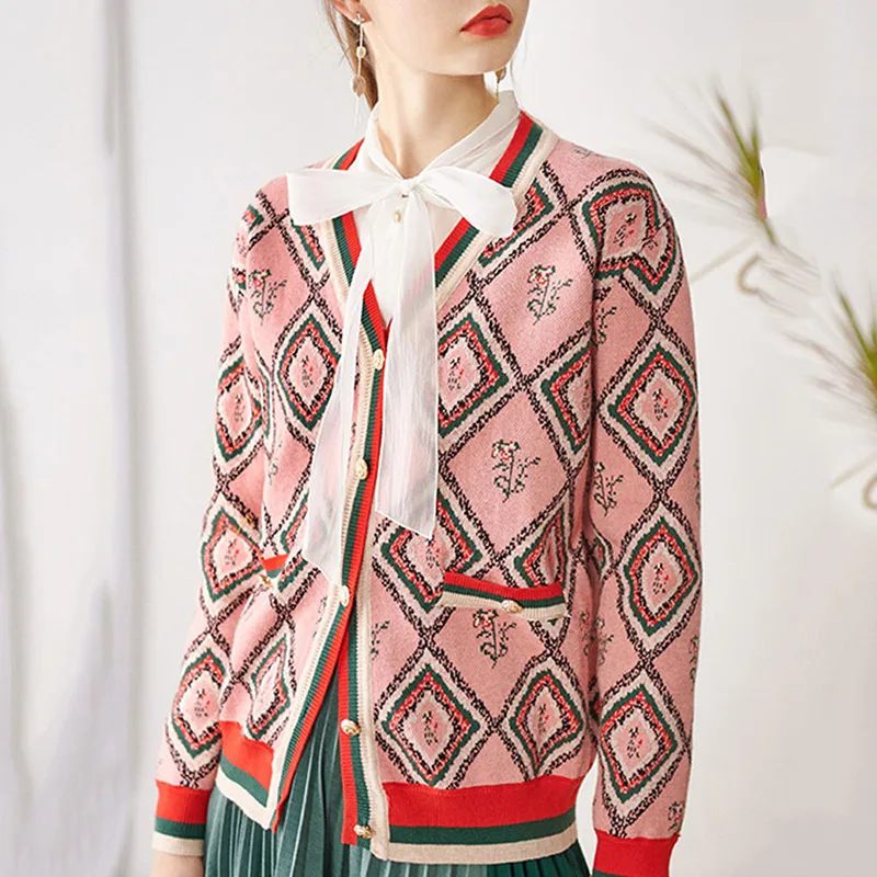 Женский жаккардовый кардиган в стиле ретро с ромбами вязаное пальто-свитер