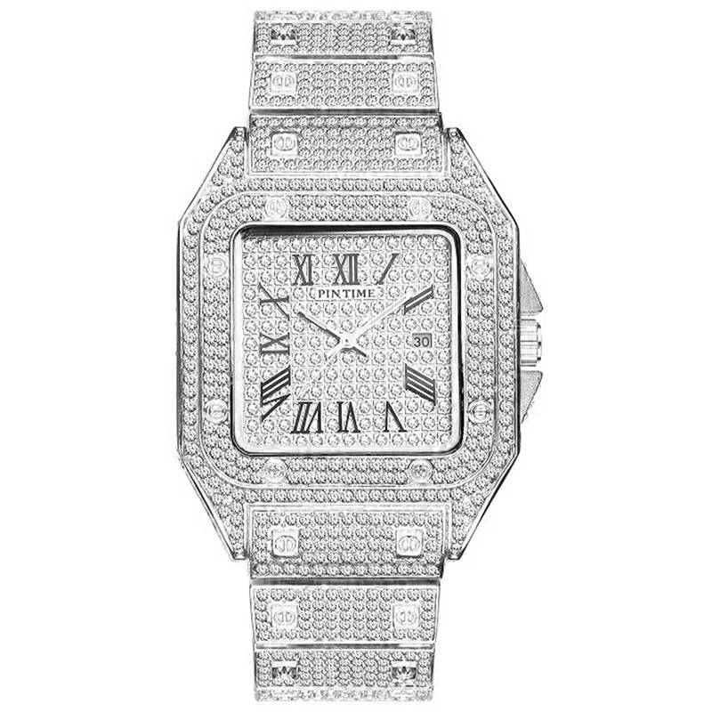 Хип-хоп Iced Out мужские часы с квадратным бриллиантом кварцевые роскошные мужские s наручные часы золотые римские часы с календарем стальные часы Relogio Masculino - Цвет: Silver