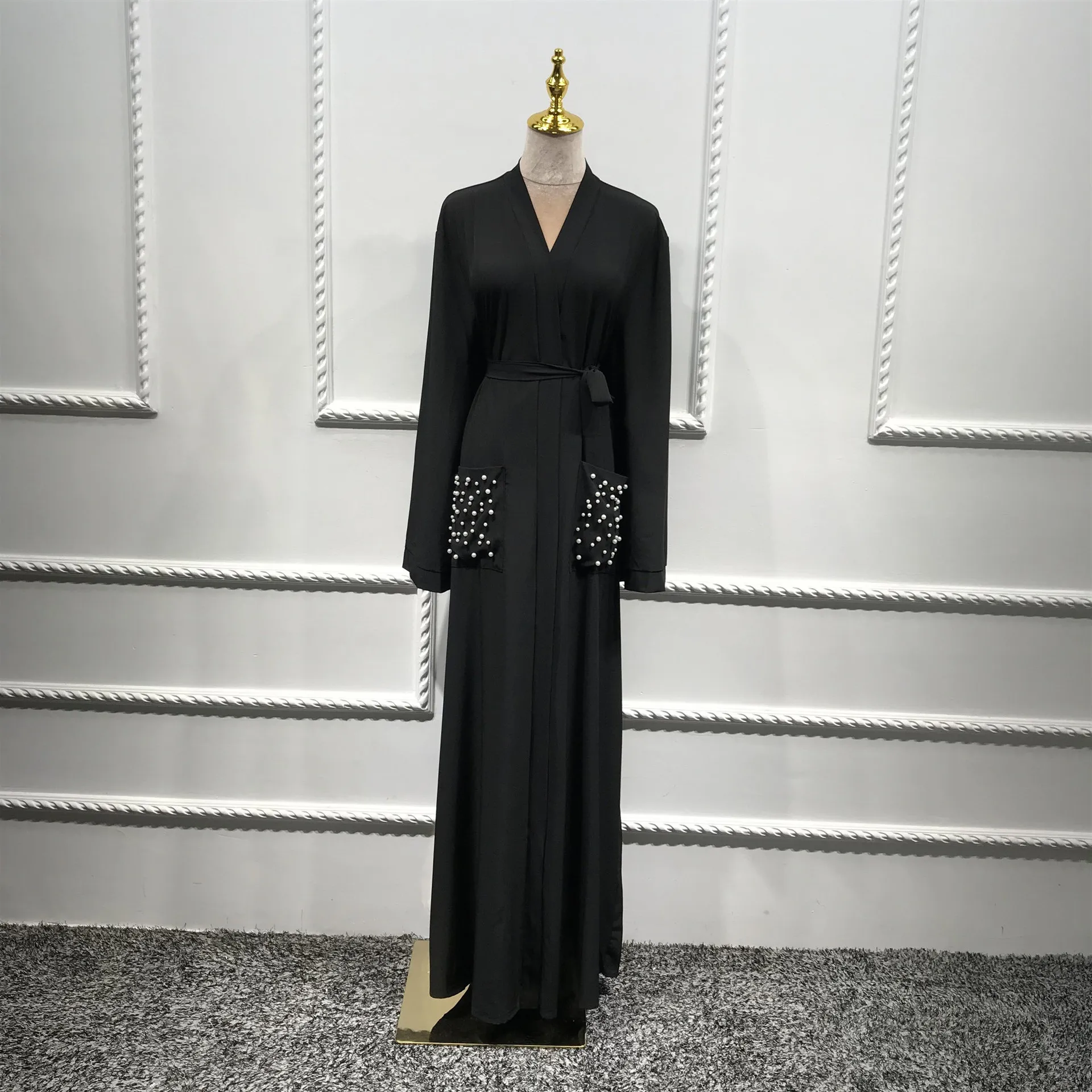 

Dubai Arab Beads Abaya Muslim Hijab Dress Women musulman Lace-up Kaftan Pocket Islamic Clothing Caftan Marocain Jilbab Long Robe
