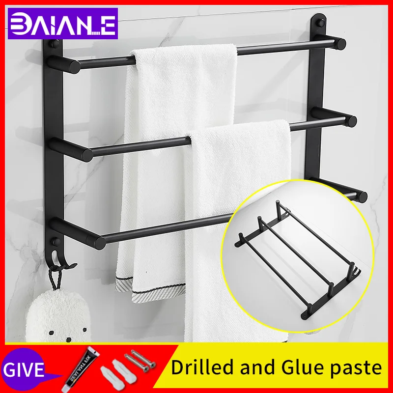 Toilet towel bar with stainless steel 3 layer screw free installation towel holder wall mounted bathroom shelves storage rack  - buy with discount