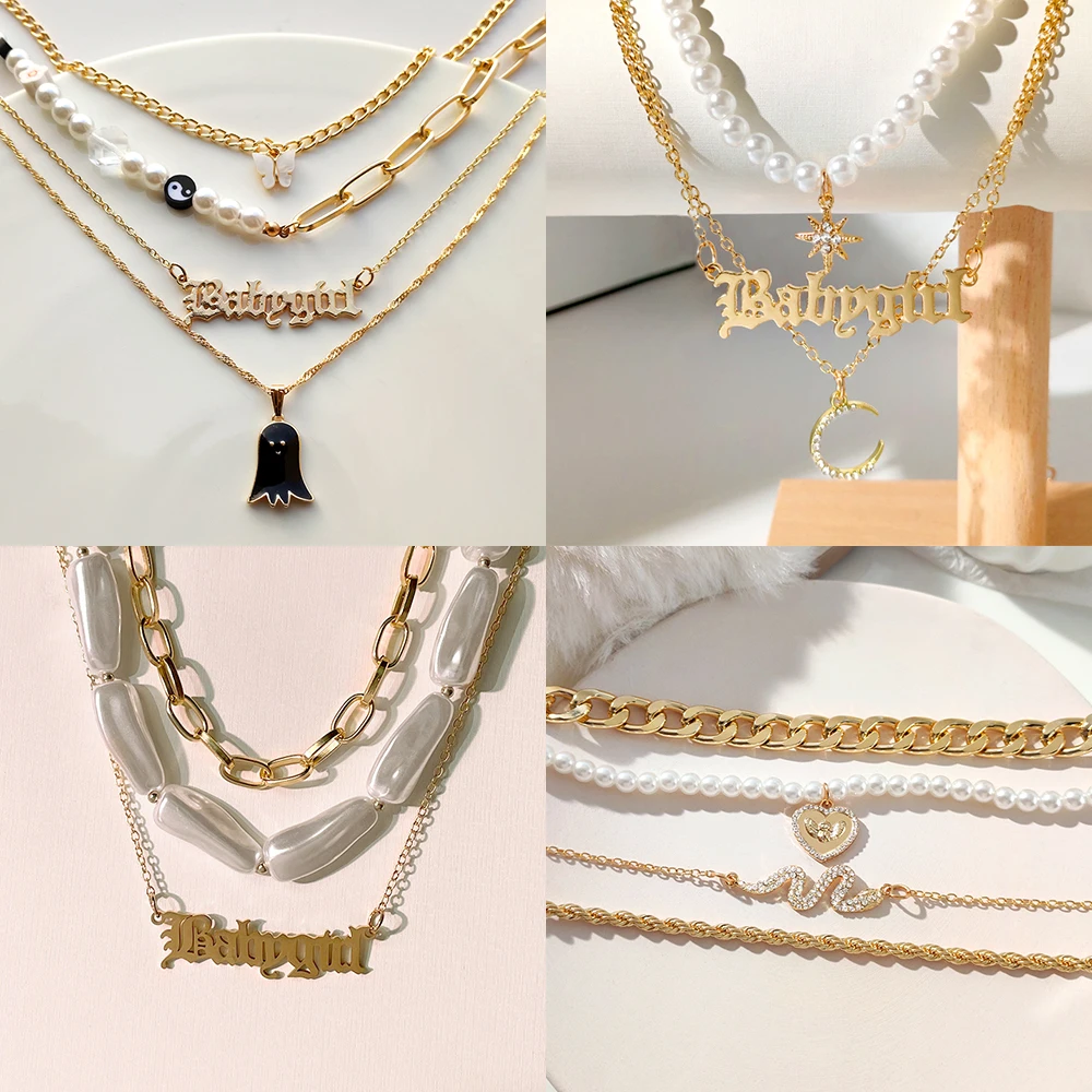 

Fashion Golden Letter Pearl Beaded Necklace For Women Bohemia Imitation Pearls Choker Multilayer Necklaces New Jewelry Wholesale