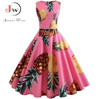 pineapple print vintage dress women summer pin up retro 50s rockabilly sleeveless a line midi party dresses belt plus size