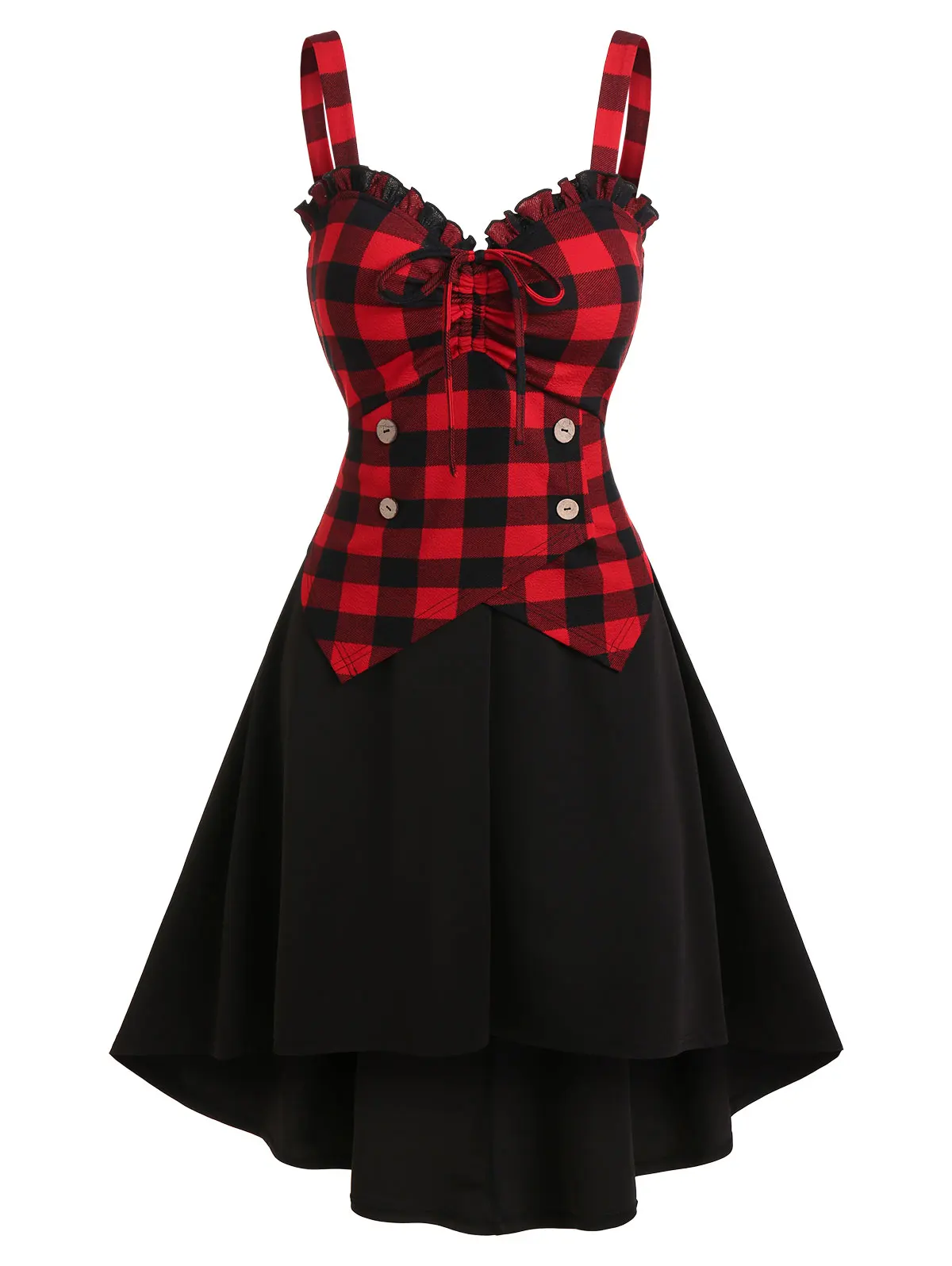 

Vintage Gothic Dresses Women Plaid Drawstring Button Fit And Flare Dress Chic Punk Sleeveless Sexy Party Dress