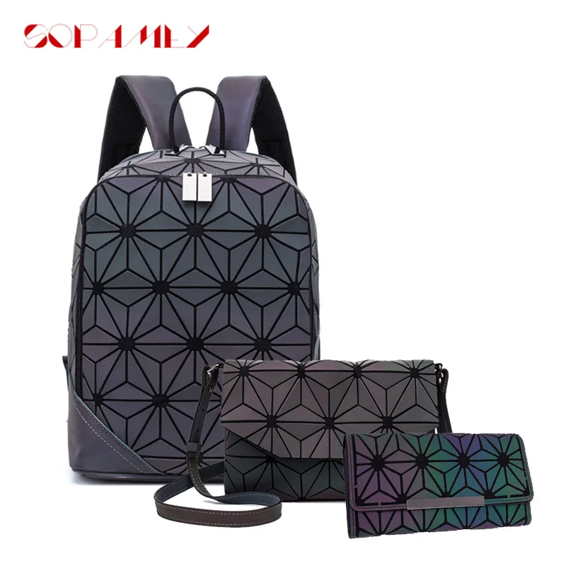 

New Luminous Backpack Women Backpack Lattice Set School Backpacks For Teenage Girl School Bags Holographic Clutch Purse Mochila