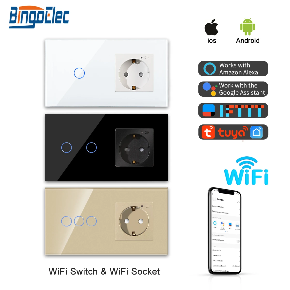 

WIFI Touch Light Switch 1/2/3Gang 1way Smart Wifi Wall Socket Google Alexa Smart Life APP Touch Screen Switch EU Socket White