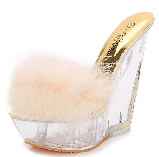 Женские туфли на толстой подошве шлепанцы очень высоком каблуке 14 см прозрачные