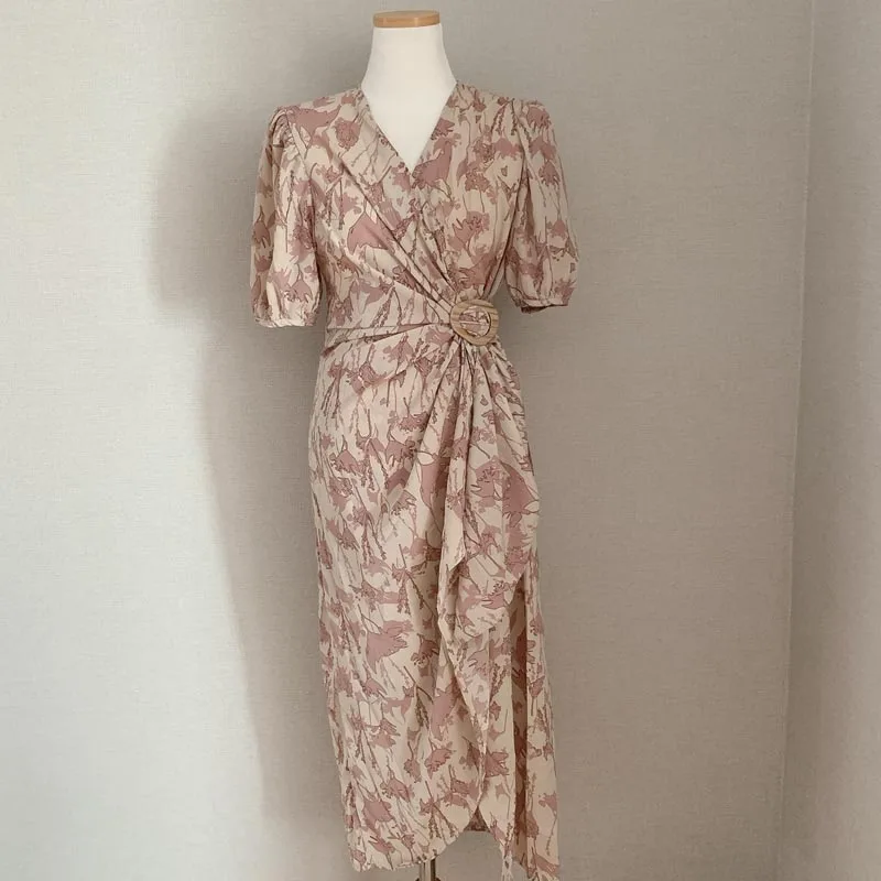 

Women One-Piece Dresses Summer Korean Chic Sweet Retro Green V Neck Short Sleeve Floral Irregular Dress Puff Sleeve Pink Vestido