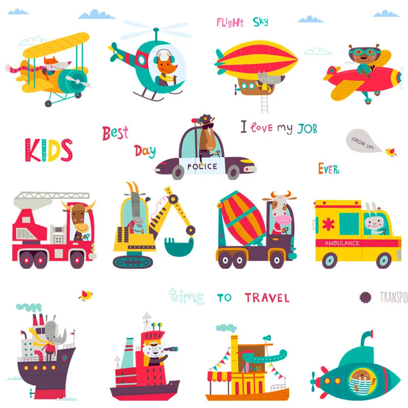 

Cartoon DIY Wall Stickers Engineering vehicle Helicopter wallpaper For Kids Rooms Home Decor Boys Art Wall Poster