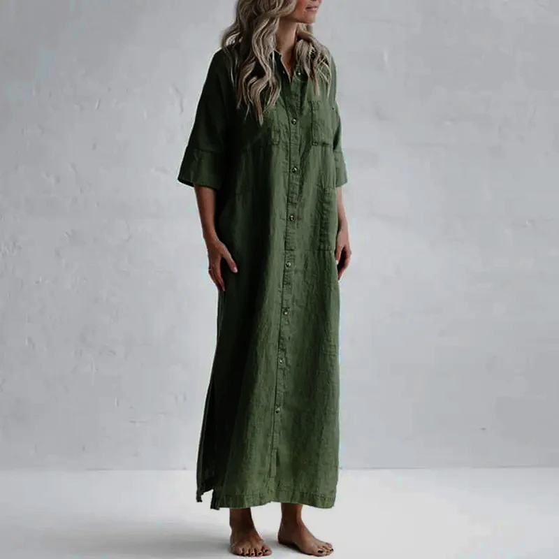 

Autumn Women Retro Lapel Long Sleeve Shirt Dress Casual Loose With Buttons Pockets Solid Dress Tunic Robe Vestidos De Verano Hot