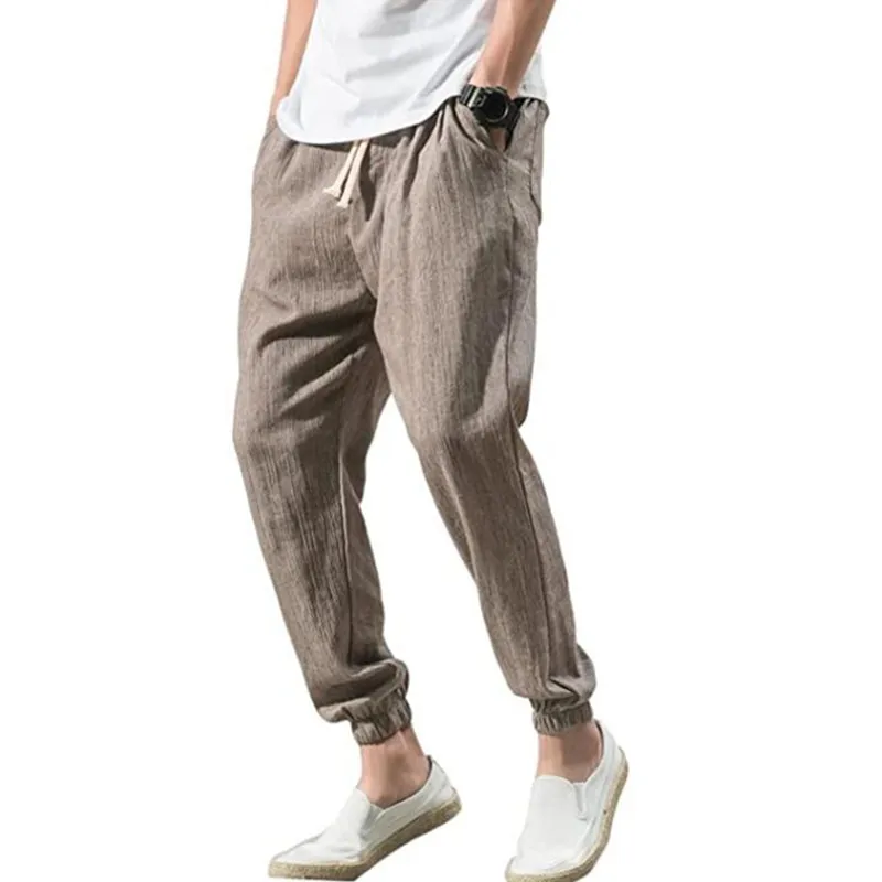 Мужские брюки для бега из хлопка и льна черные штаны фитнеса в стиле Харадзюку на