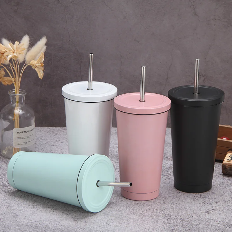 Stainless Steel Double Insulation Straw Cup 500ML Vacuum Tea Coffee Mug with Lid Metal Drinkware Water Bottle Travel Accessories | Дом и сад