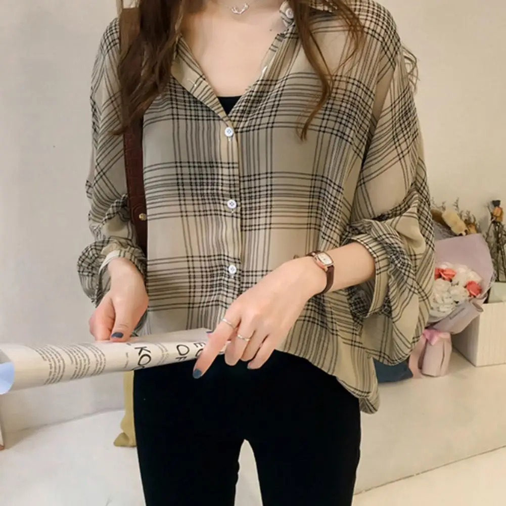

Fashion 2020 Spring Autumn Fashion Women Plaid Long Sleeve Button Lapel Loose Shirt Blouse Casual Chic Plaid Shirt