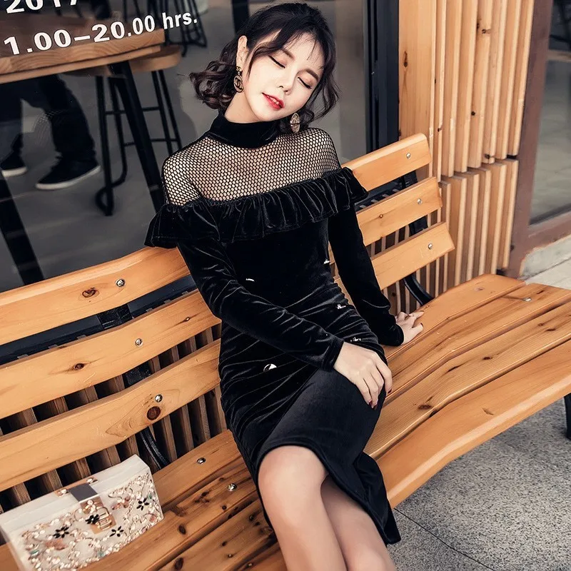 

Elegant Ladies Black Sexy Mesh Hollow Out Pencil Pants Buttons Ruffles Slim Women Dresses Office Bodycon Turtleneck Knee Dress