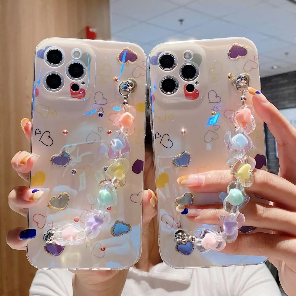 

Korea Cute Diamond Love Heart Phone Case For iphone 11 XR XSMax X 7 8 Girl Wristband Bracelet Cover For Funda iphone 12 Pro Max
