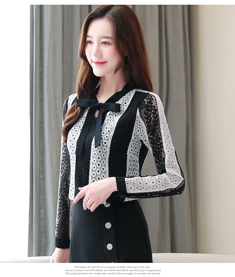 Blusas Mujer De Moda, осенние модные женские Кружевные блузы с длинным рукавом и бантом, женские топы, Повседневная корейская модная одежда 6383 50
