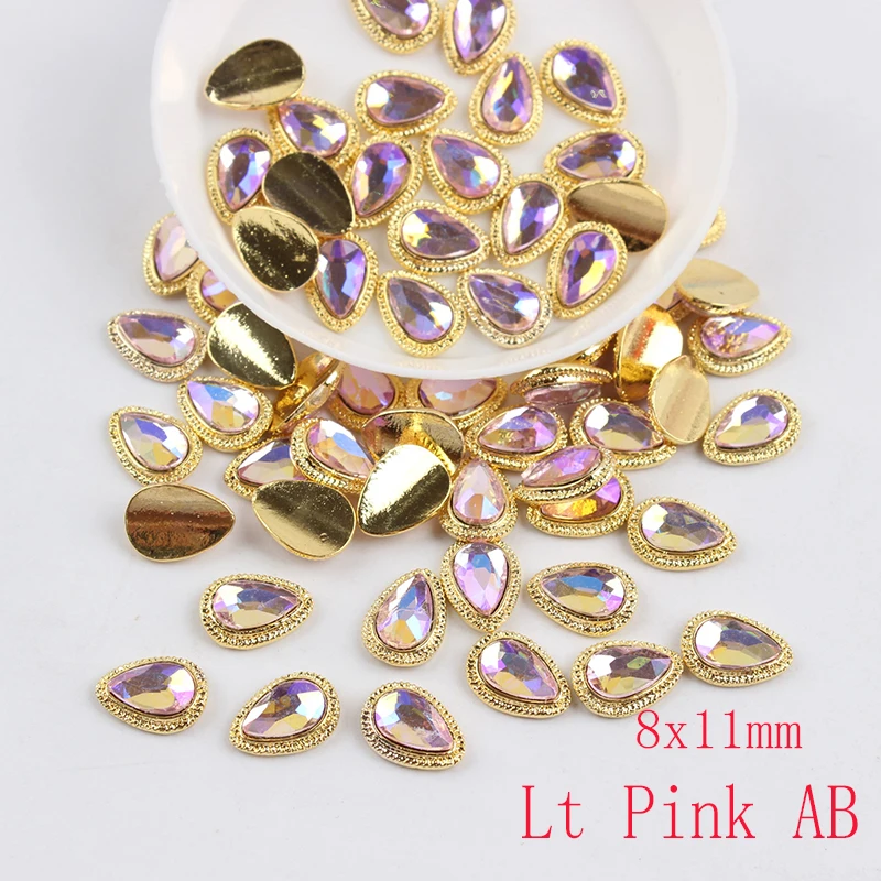 Lt pink AB 9x15 мм Ромб/Капля воды сплав Металлические Стразы для ногтей драгоценные камни Кристаллы/AB алмаз золото нижняя плоская задняя страз камень 3D гвозди - Цвет: Lt pink AB