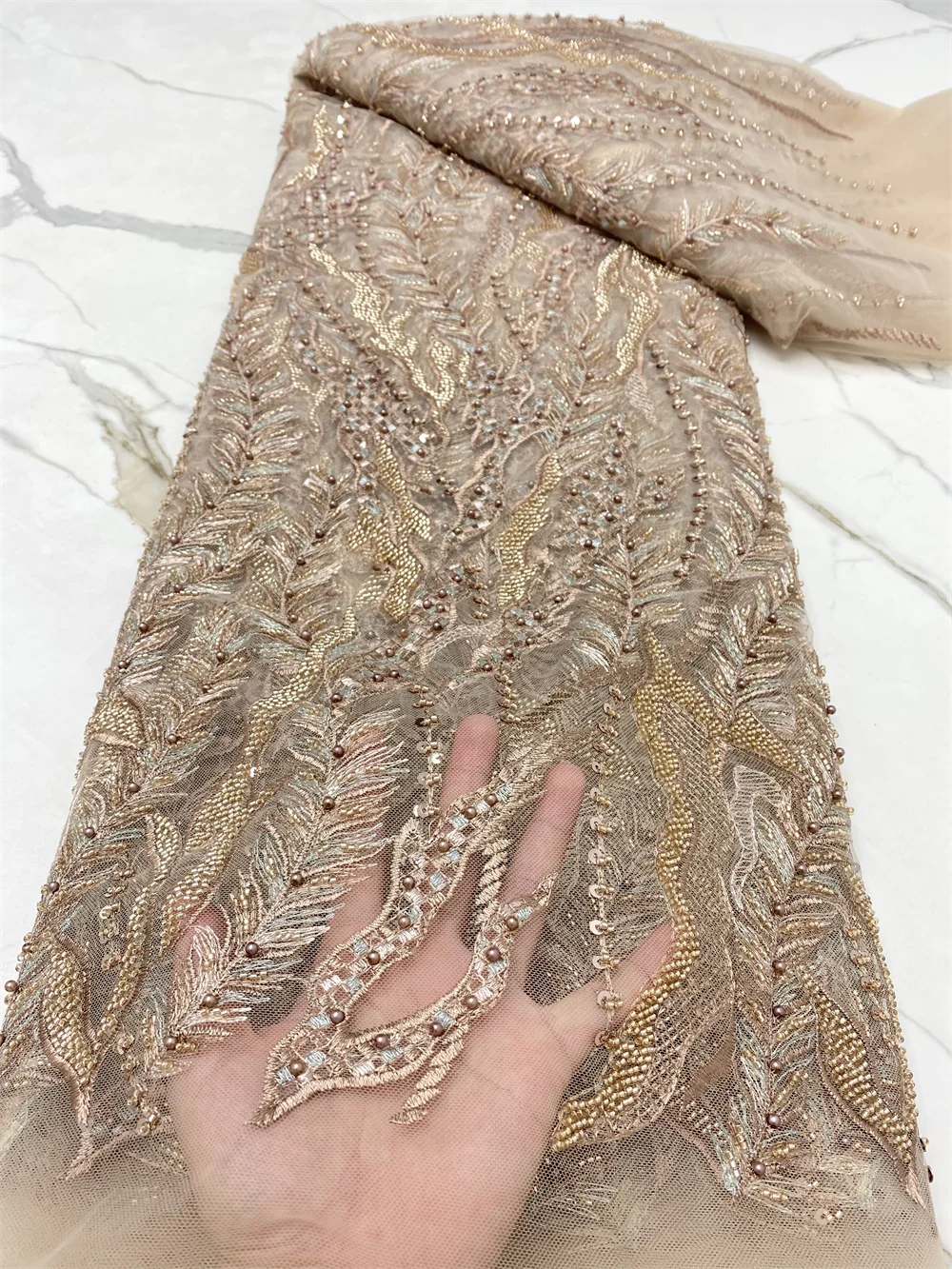 

Nigerian Beaded Sequins Lace Fabrics 2021 High Quality Lace African Lace Fabric For Wedding French Tulle Lace Material 4489B