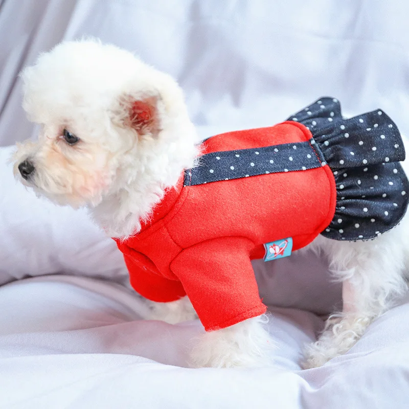 PETCIRCLE/Новинка Одежда для щенков Джинсовое платье в красный горошек питомцев