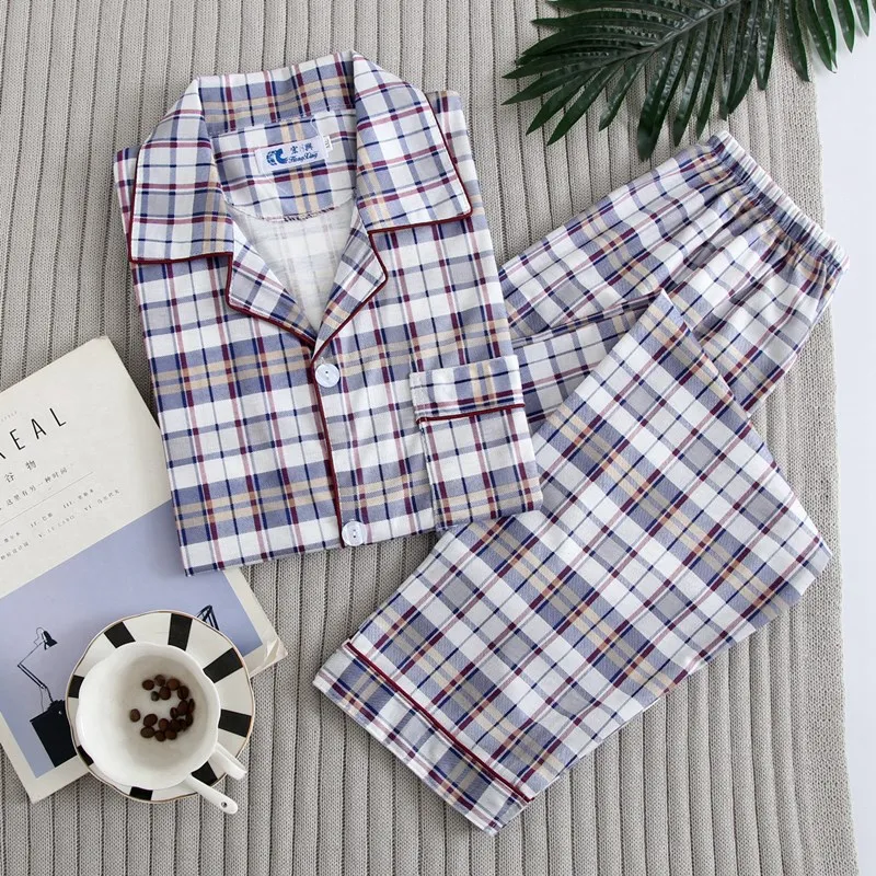 Brand Spring Summer Autumn Men Pajamas Set Shirt & Shorts Plaid Male Pijamas Sleepwear Buttons Closure Pure Cotton Home Clothing
