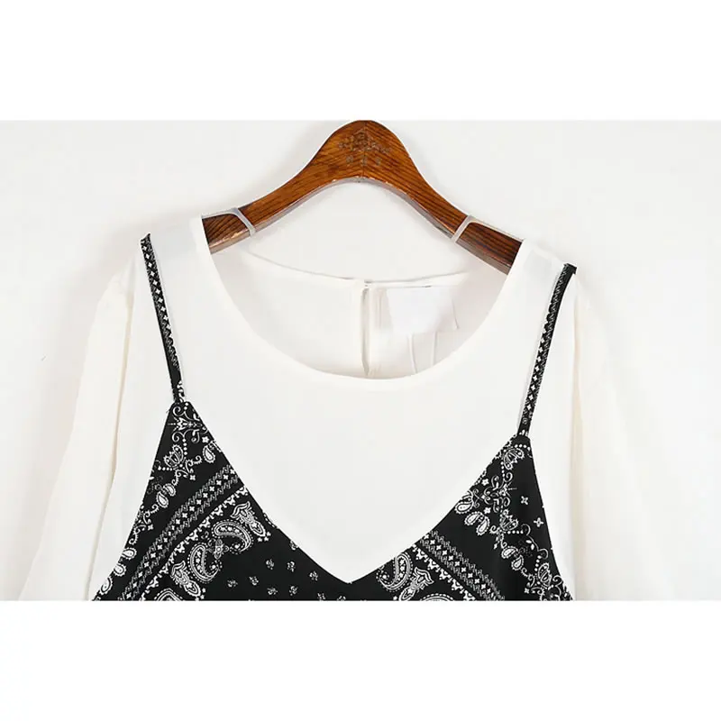 

XITAO Print False Two Pieces Dress Splicing Sling O-neck Collar 2021 Summer New Fashion Loose Contrast Color Women CLL1618