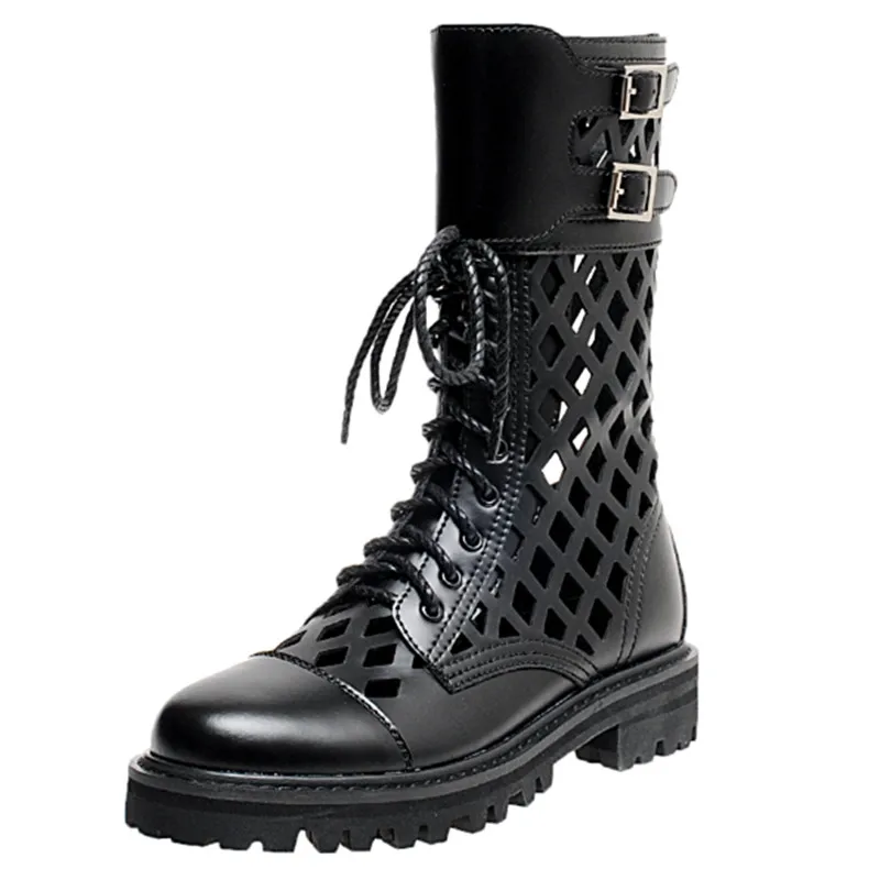 

Fashion Women Cutout Mid-calf Boots Genuine Leather Boots Belt Buckle Personality Mesh Cross-tied Shoes Botas Feminina