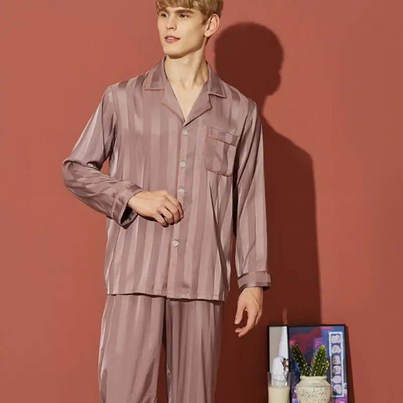 

Couple Nightwear Striped Pajamas Suit Satin 2PCS Sleep Set Casual Sleepwear Intimate Lingerie Spring New Homewear Shirt&Pants