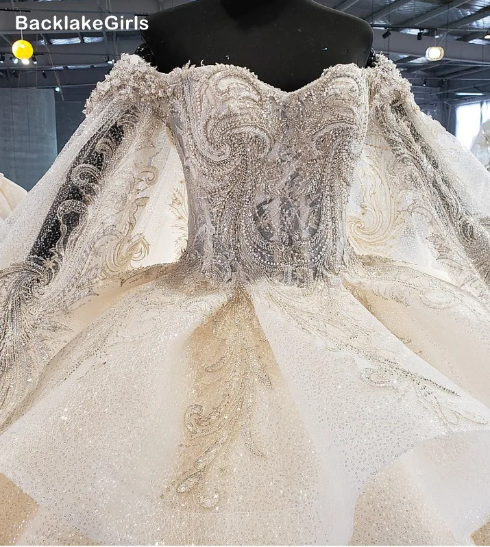 Бальное свадебное платье 2020 с круглым вырезом фатиновое длинным рукавом для